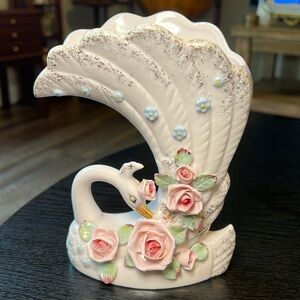 Vintage Napco pink porcelain swan vase with applied flowers & gold accent vase